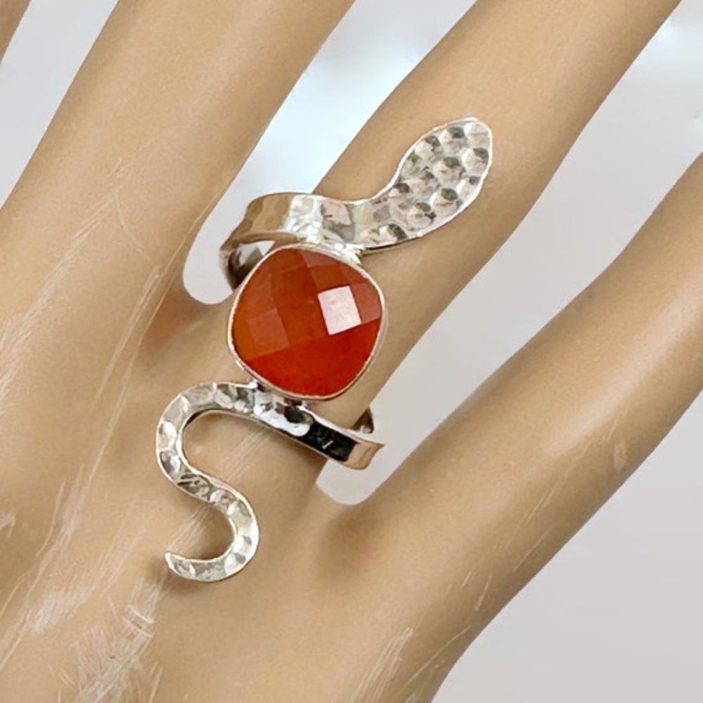 Snake Ring, Sterling Silver, Carnelian, Faceted Stone, Size 6 1/2, Handmade - Picture 3 of 7